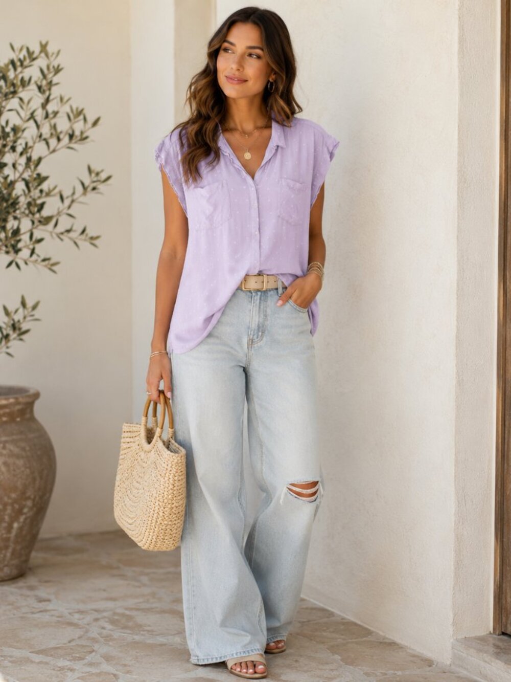 Jachs Girlfriend XXL Lavender Button Up Blouse Rayon Polka Dot Pocket Top